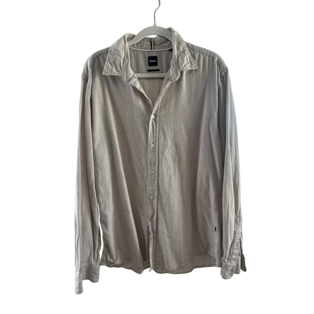 Hugo Boss Slim Fit Tan Plaid Long Sleeve Button‎ Down Shirt Mens XL Classic